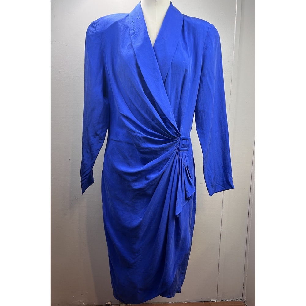 Vintage Oleg Cassini 80s Ruched Faux Wrap Dress Womens 12 Blue‎ Silk Long Sleeve